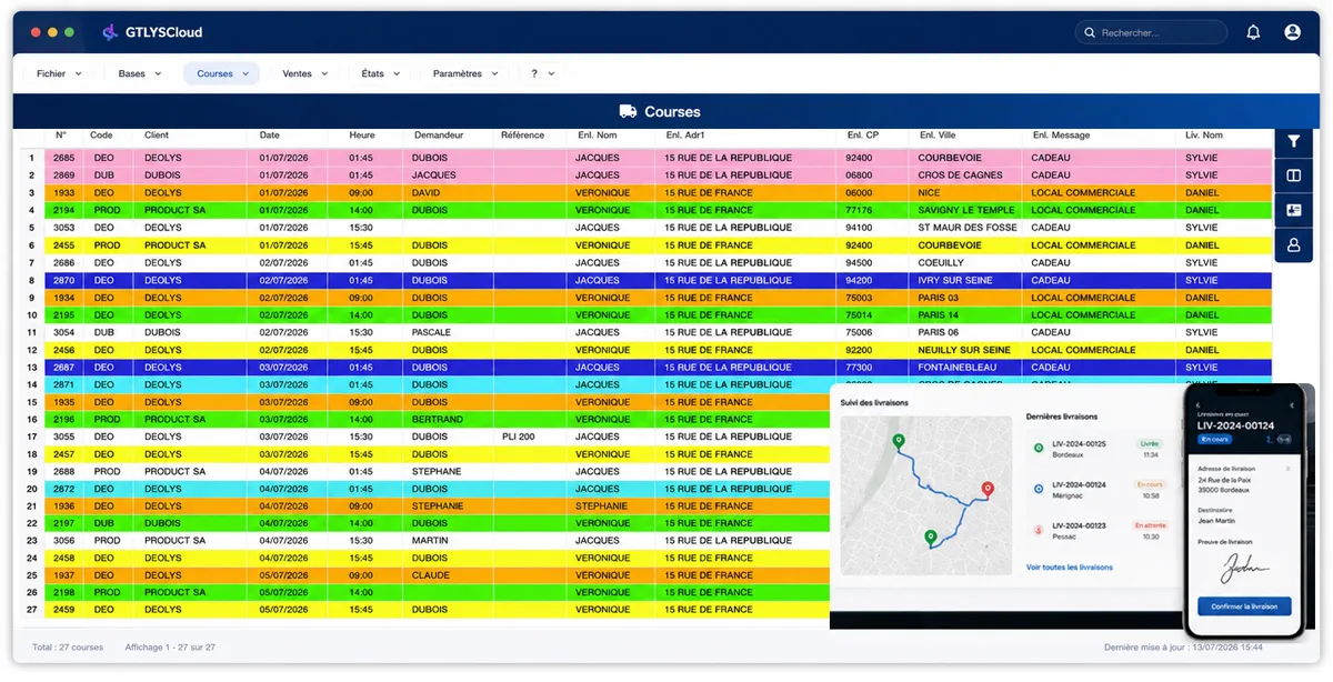 Tableau de bord GTLYS : dispatch et suivi des courses en temps réel